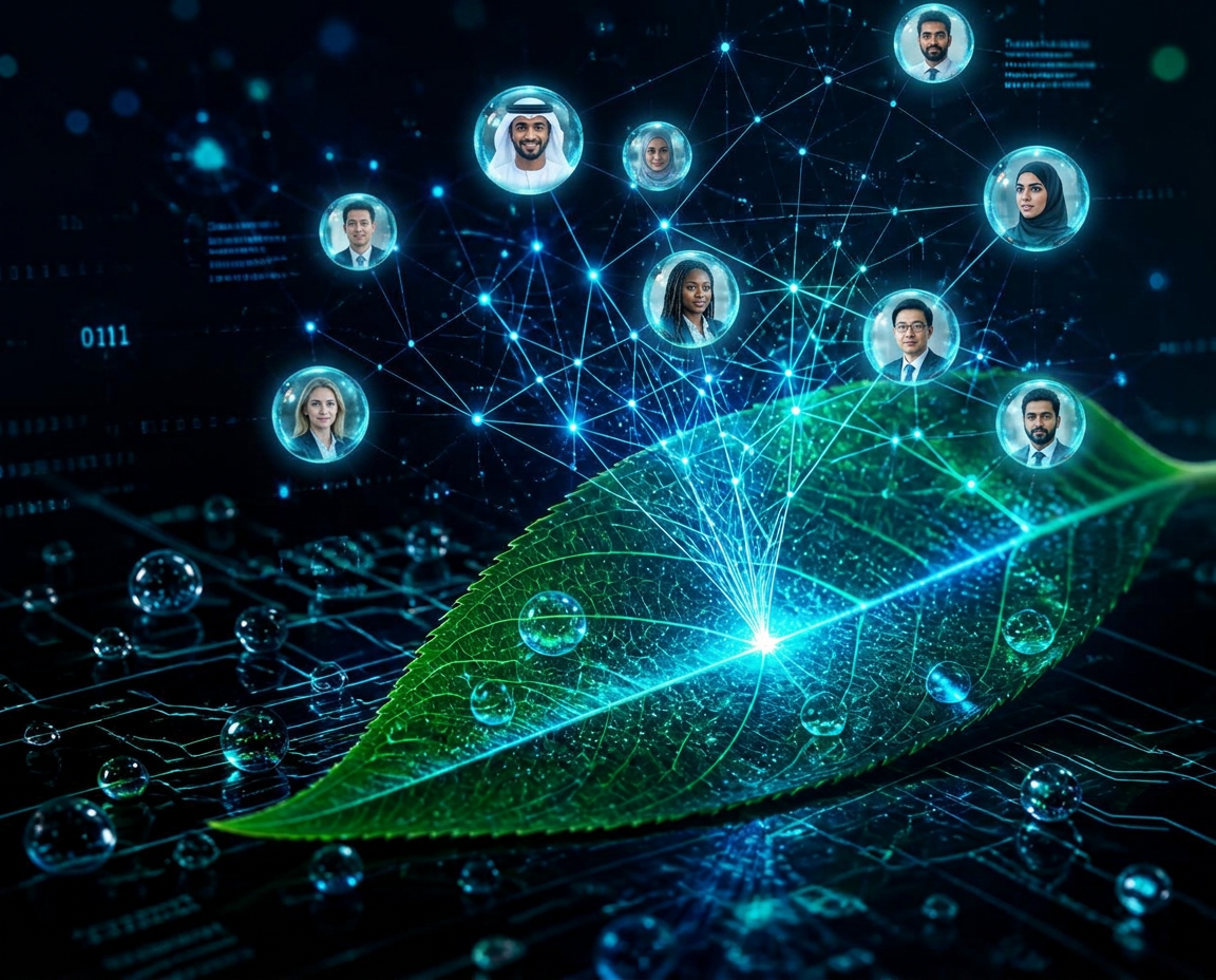 Multinational professionals shown inside glowing droplet nodes of a blue neural network converging into a luminous green leaf